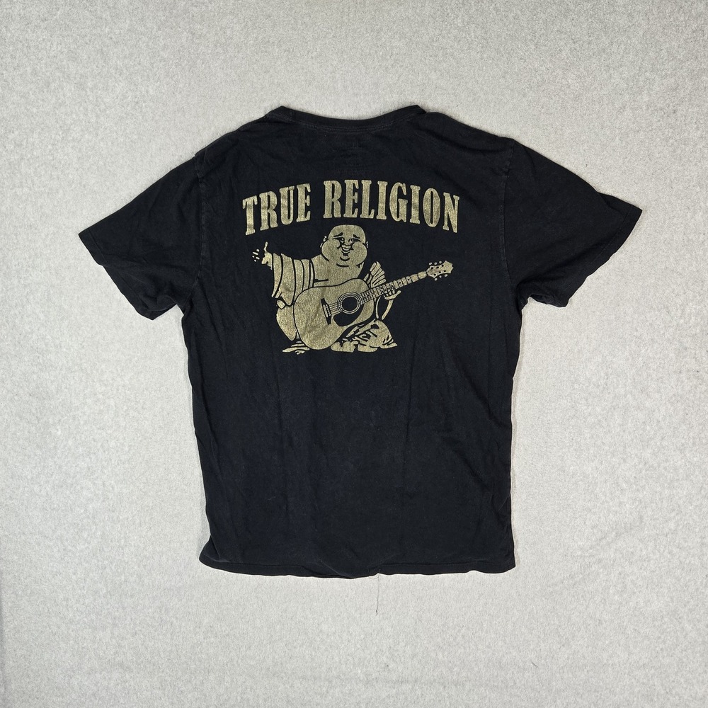 True Religion Men Shirt L/G Black Graphic Buddha Guitar Grunge Logo Short Sleeve
